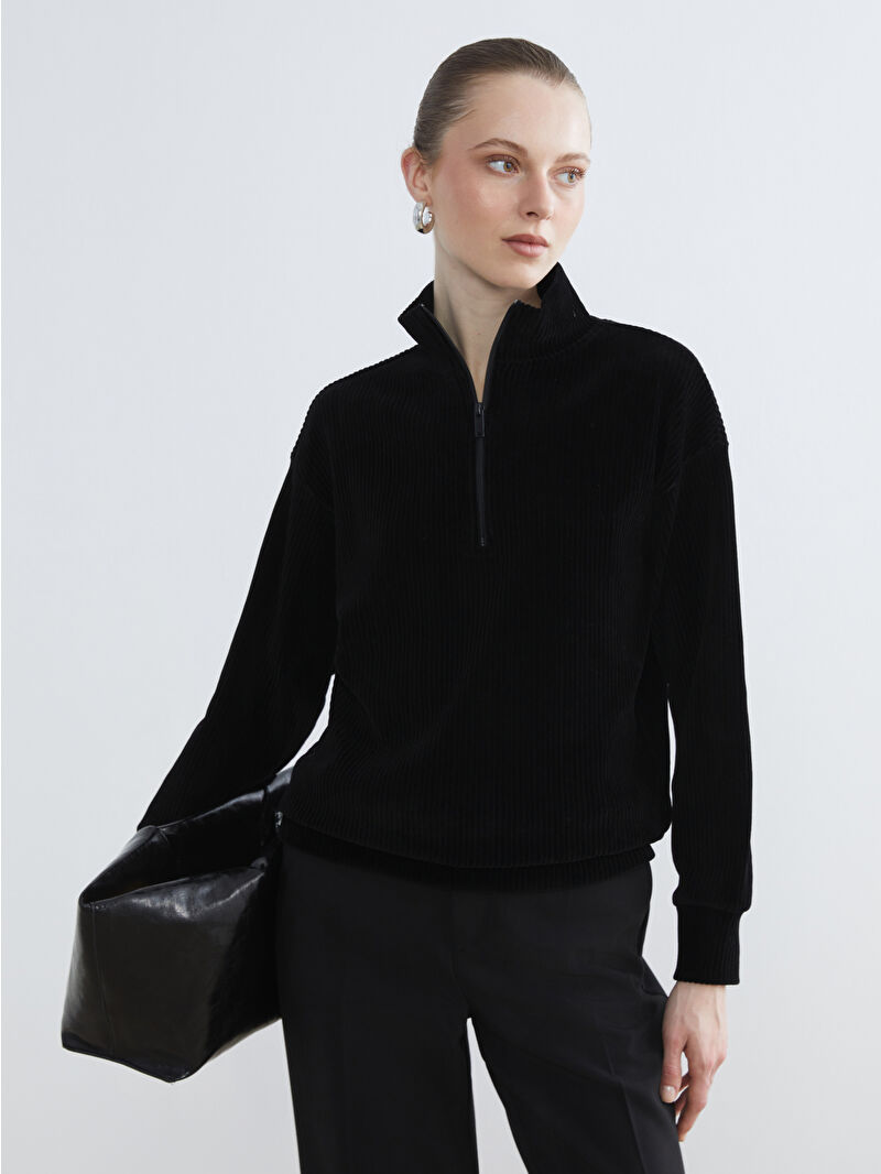 LCWAIKIKI Basic Siyah Dik Yaka Fitilli Kadın Sweatshirt - W5NY63Z8