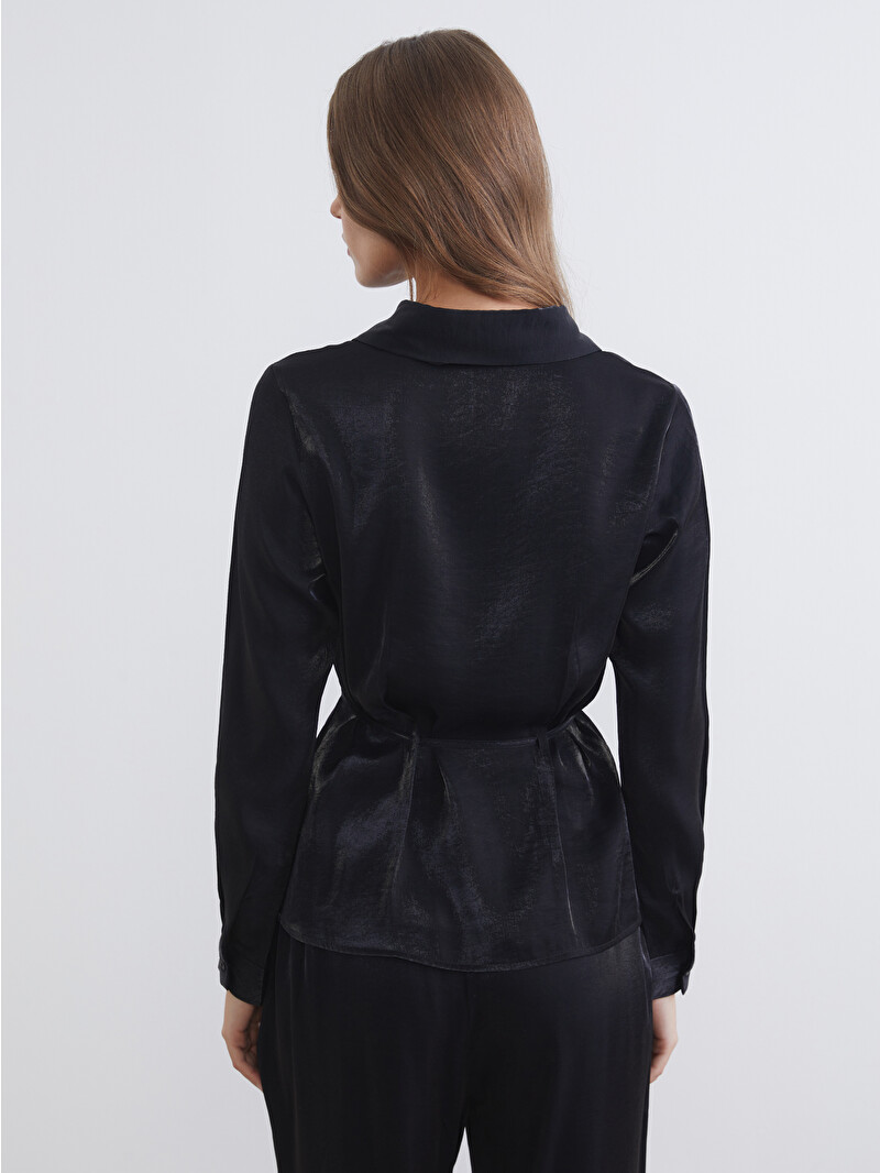 ARCHIVIO レディース ブラック シャツ 40 LCWAIKIKI Classic Belted Shiny Textured Women's Shirt - W5O160Z8