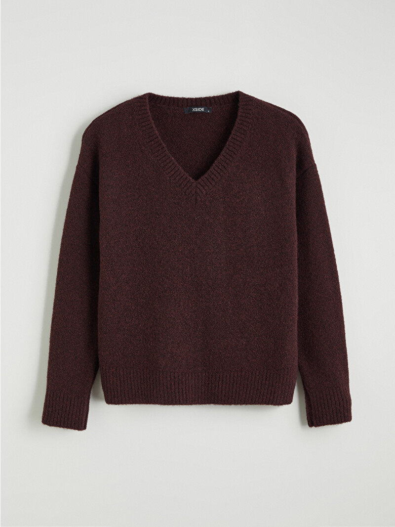 XSIDE Bordo V Yaka Oversize Kadın Triko Kazak - W5O904Z8-ZHP | LCW