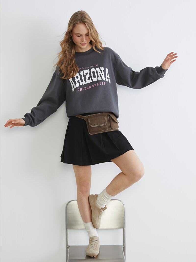 XSIDE Antrasit Arizona Baskılı Oversize Kadın Kalın Sweatshirt