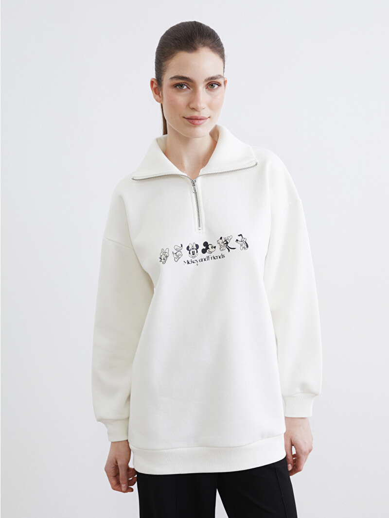 miki LCW Modest Beyaz Mickey Mouse Baskılı Kadın Kalın Sweatshirt Tunik
