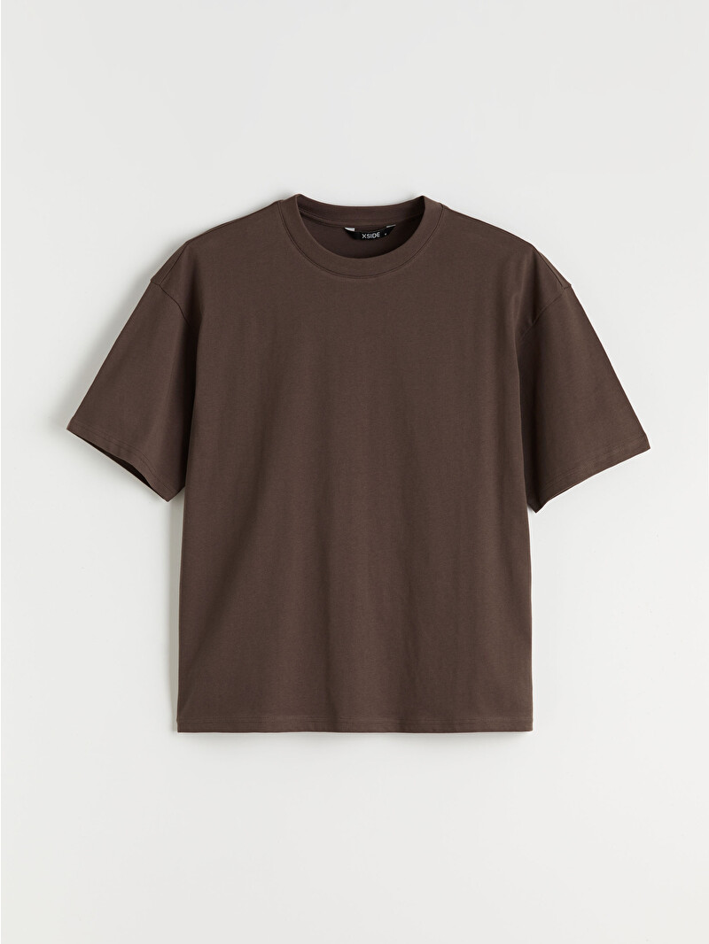 さわ XSIDE Kahverengi %100 Pamuk Boxy Fit Basic Kalın Tişört - S61815Z8