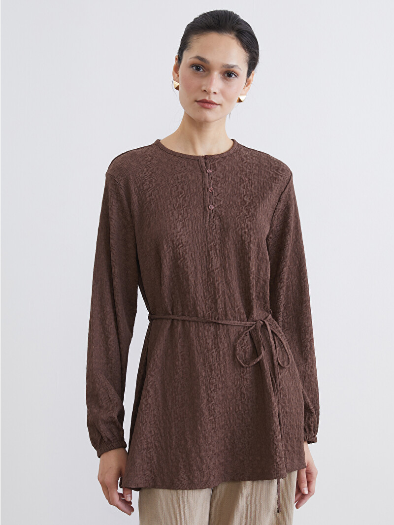 LCW Modest Crew Neck Patterned Tunic with Waist Tie - S64401Z8-HMK