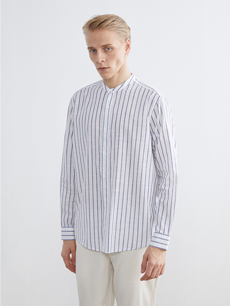 LCW Vision Regular Fit Striped Men's Shirt with a Mandarin Collar