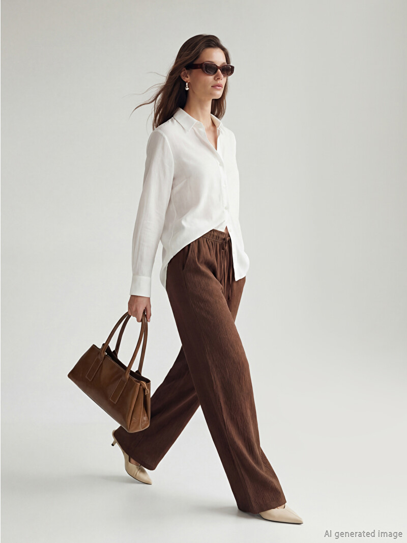 【値下げ】新品BUENA VISTA Side Linenスラックス ブラウン LCW Modest Elastic Waist Wide Leg Women's Trousers - S6BE08Z8-HCW