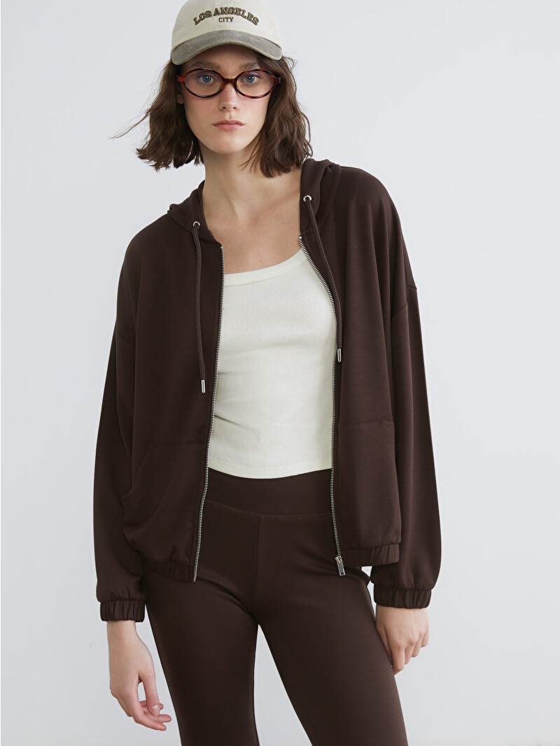 ワイ・スポ　　セミダブルブラウン XSIDE Kapüşonlu Soft Touch Kadın Fermuarlı Sweatshirt - S6BN71Z8