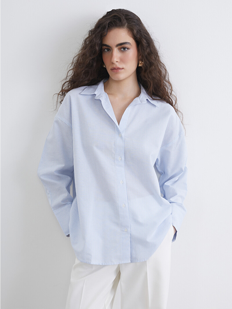 LCW Vision Çizgili Oversize Oxford Kadın Gömlek - S6DB55Z8-LEN | LCW