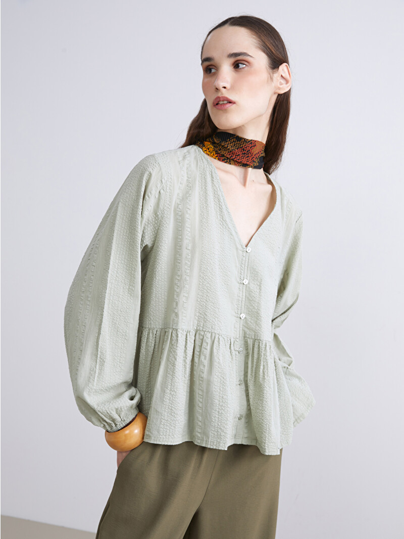 LCW Vision V-Neck Self-Patterned Blouse - S6EG57Z8-GGY - LC Waikiki