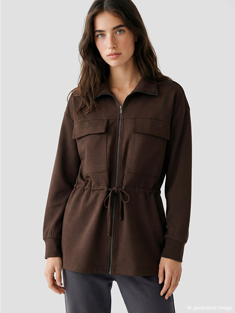 LCW Modest Kahverengi Dik Yaka Soft Touch Kadın Fermuarlı
