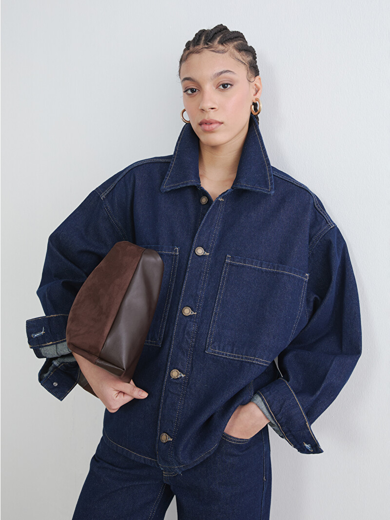 LCW Vision Oversized Women's Denim Jacket with Shirt Collar