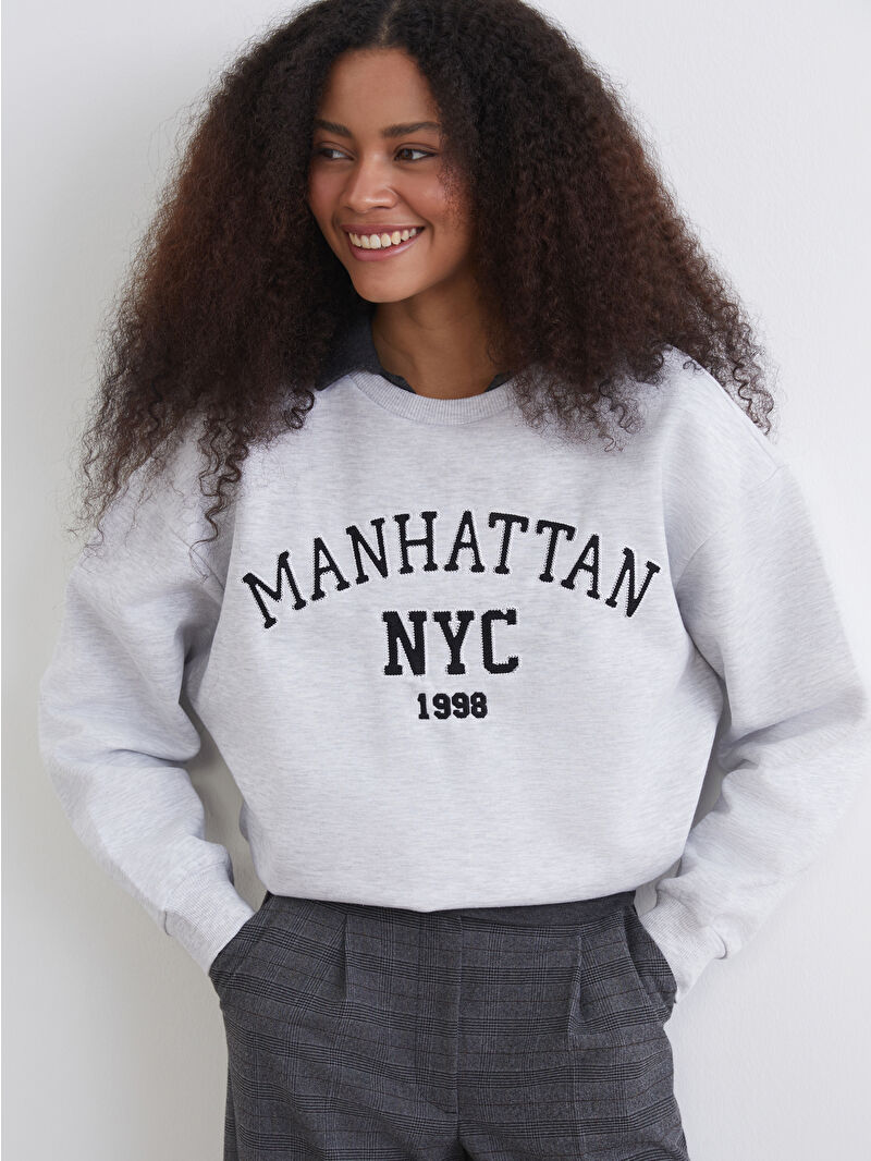 XSIDE Gri NYC Baskılı Oversize Kadın Sweatshirt - S6J144Z8-CY9 | LCW