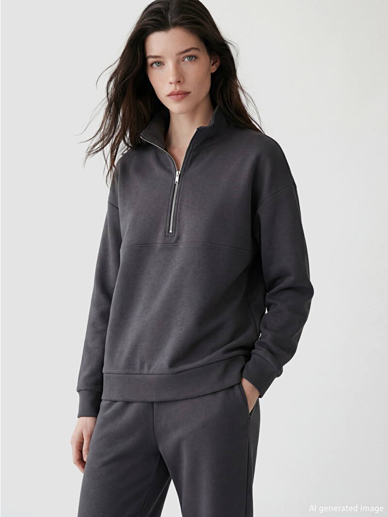 LCW Comfort Antrasit Dik Yaka Soft Touch Kadın Sweatshirt