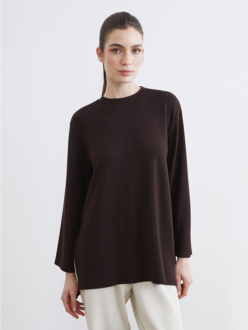 LCW Modest Kahverengi Soft Touch Oversize Kadın Sweatshirt Tunik
