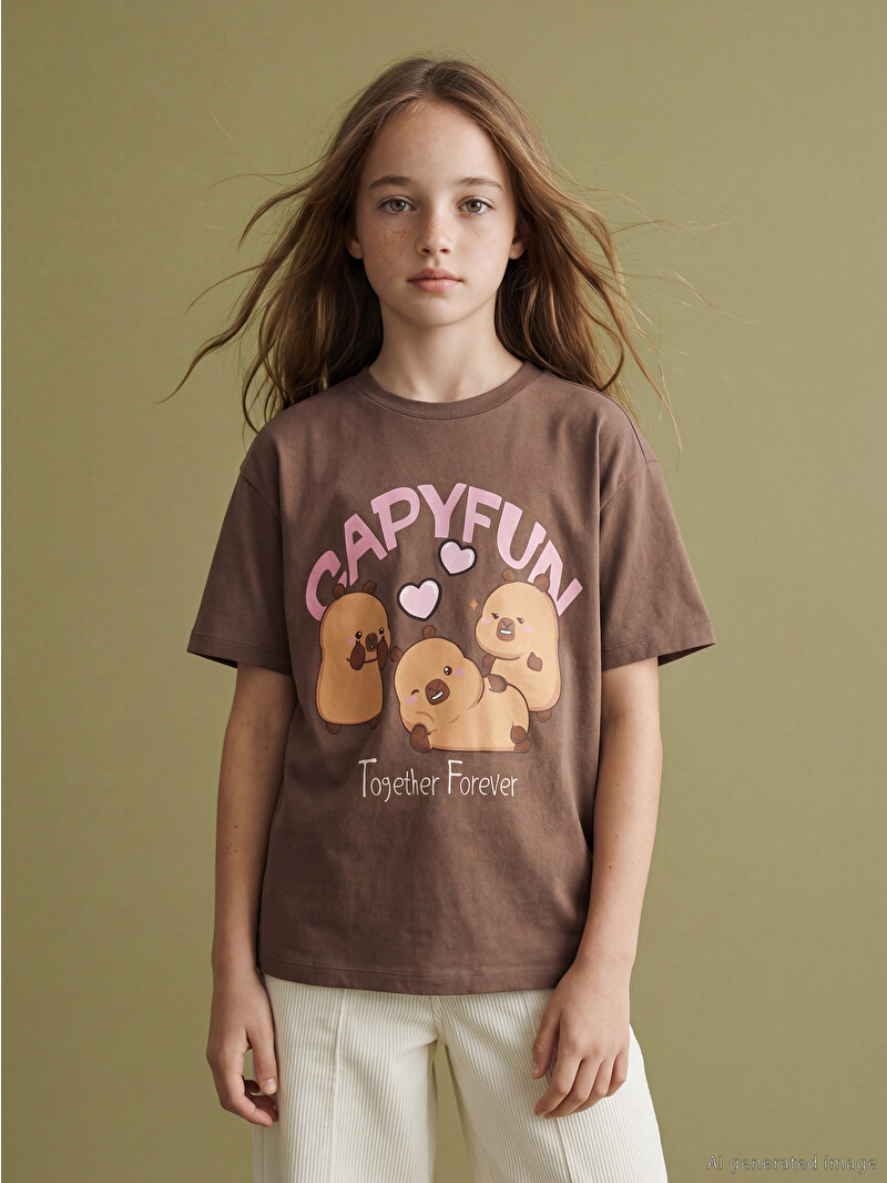 ka na ta classic shirts 1 ブラウン 長袖シャツ LCW Kids Crew Neck Capyfun Printed Girls' T-Shirt - S6LG63Z4-ZHA