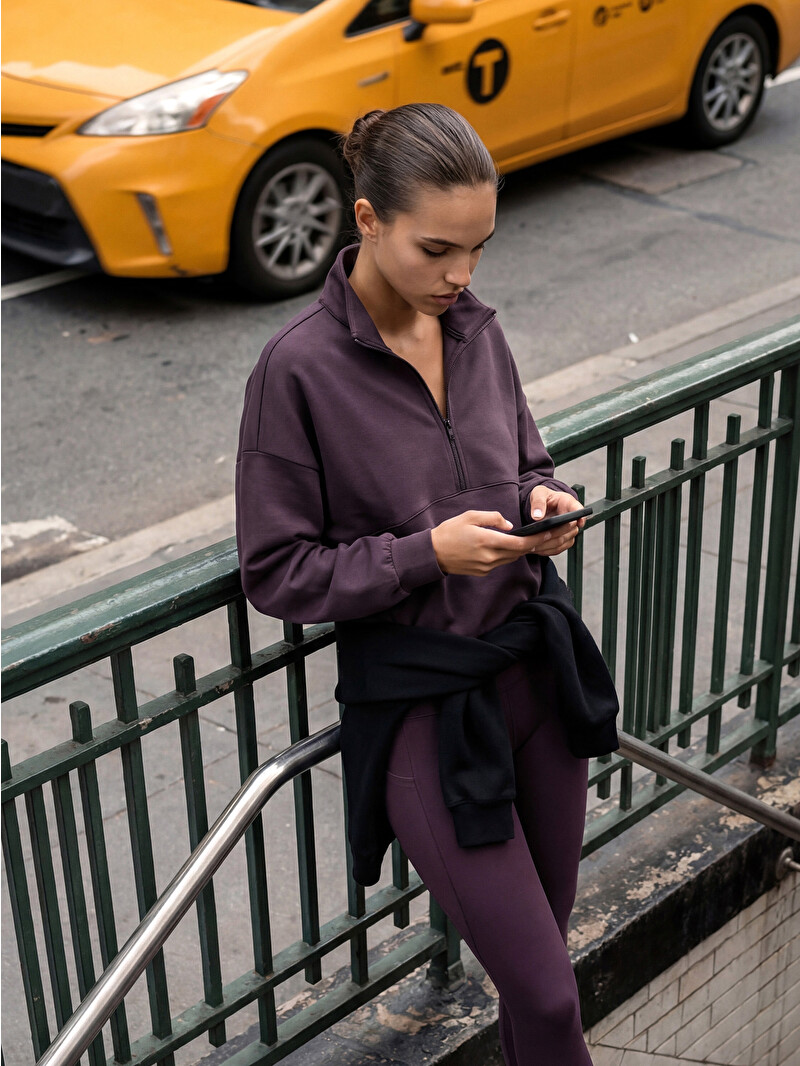 KOOR SPORT Mürdüm Dik Yaka Soft Touch Oversize Kadın Sweatshirt