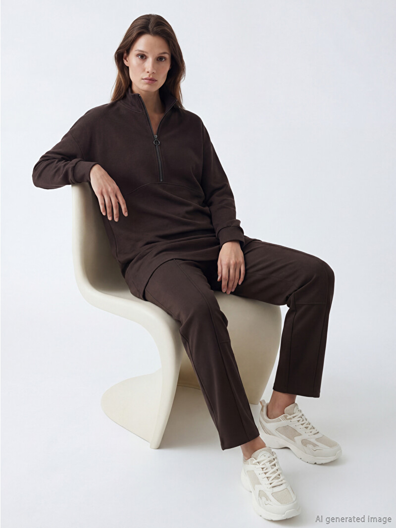 LCW Modest Kahverengi Dik Yaka Soft Touch Kadın Sweatshirt Tunik