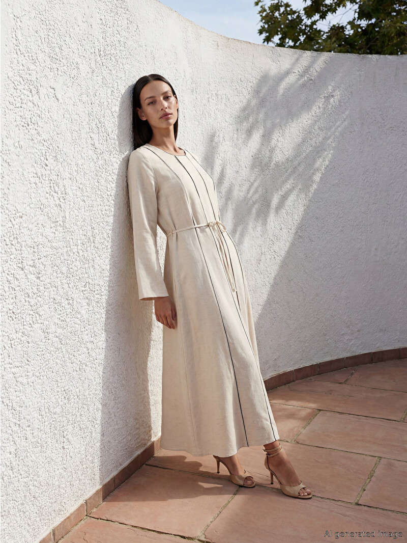 LCW STUDIO Crew Neck Linen Blend A-Line Dress - S6OF22Z8-V9H | LC