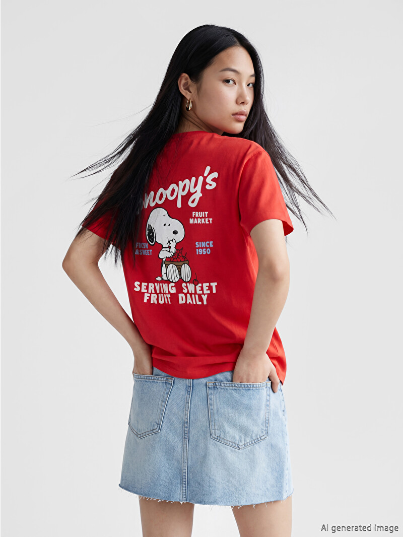 XSIDE Kırmızı Bisiklet Yaka Snoopy Baskılı Kadın Tişört - S6C186Z8