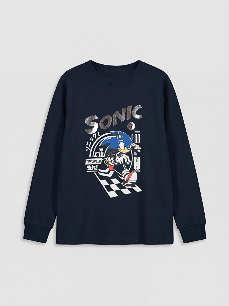 LCW Kids Lacivert Bisiklet Yaka Sonic Baskılı Erkek Çocuk Tişört