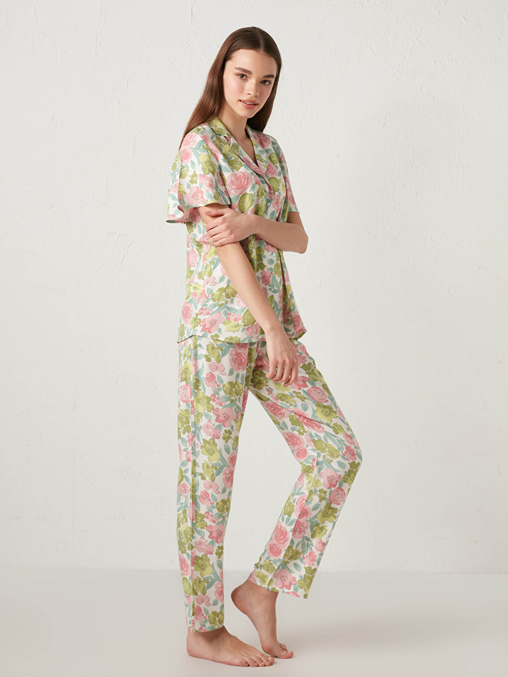 Shirt Collar Floral Printed Short Sleeve Viscose Women Pajamas Set ...