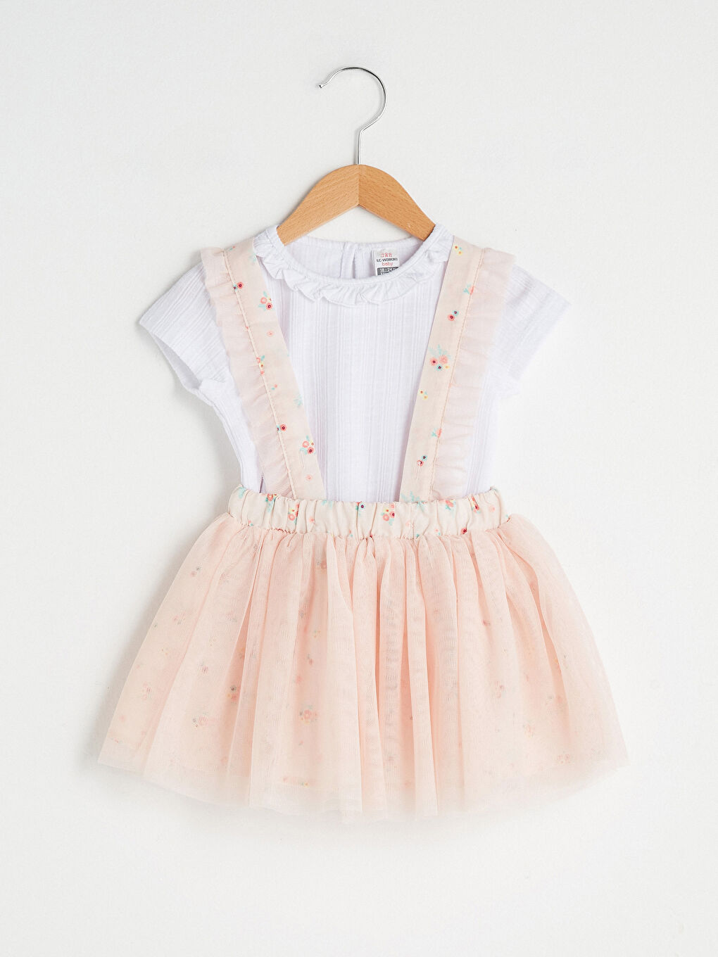 Basic Crew Neck Short Sleeve Baby Girl Tshirt and Tulle Detailed Dress