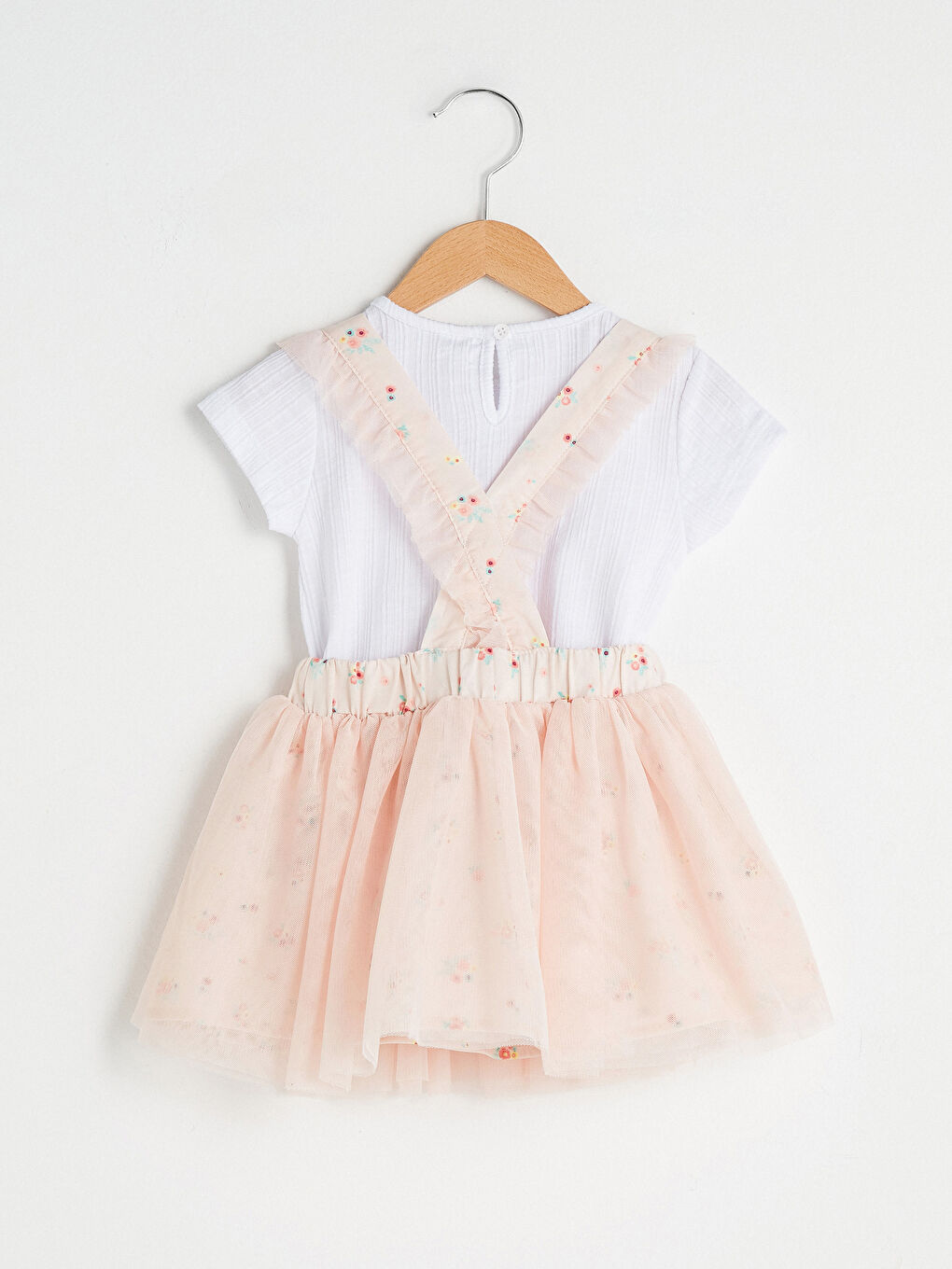 Basic Crew Neck Short Sleeve Baby Girl Tshirt and Tulle Detailed Dress