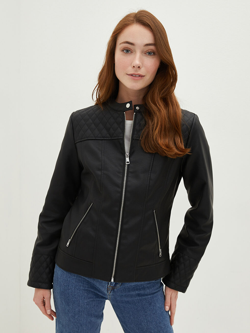 Grandad collar store leather jacket