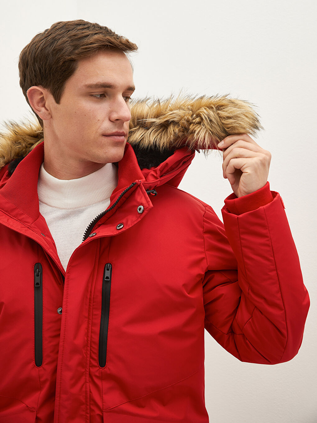 Slim Fit Fur Hooded Thick Men's Coat -W10181Z8-CRT