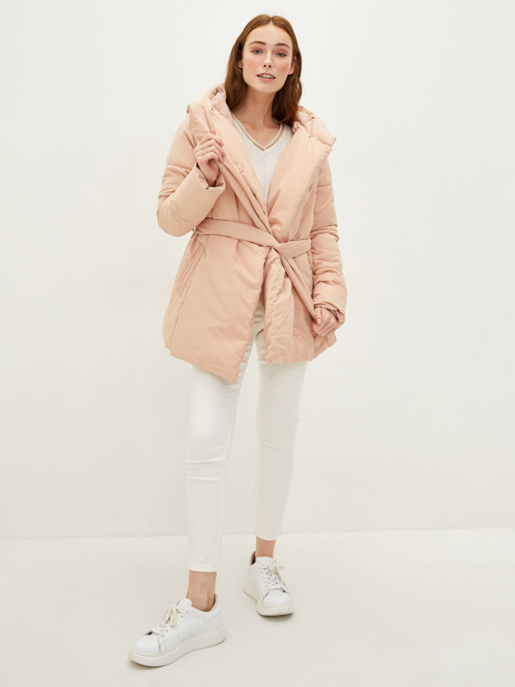 Puffer jacket with waist belt hot sale