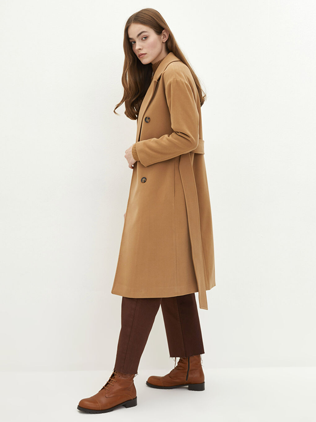 Jacket Collar Front Buttoned Waist Belted Long Sleeve Thick