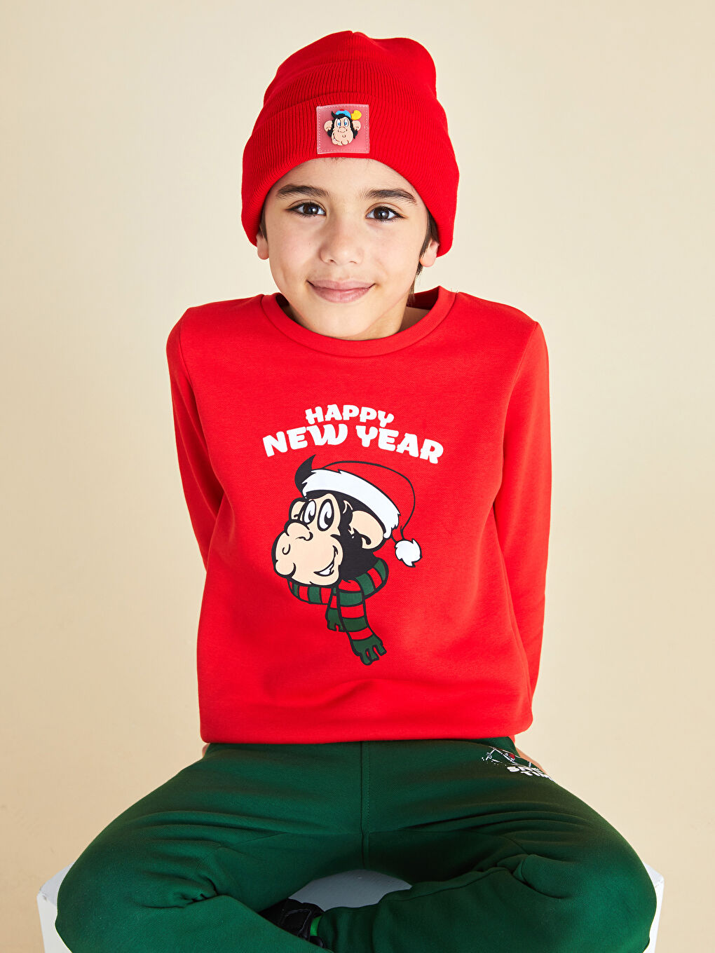 Crew Neck Nostalgic Monkey Printed New Year Themed Long