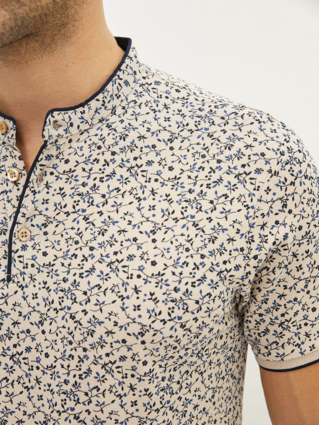 Grandad Collar Short Sleeve Patterned Piqué Men's T-Shirt -S24883Z8-LQB ...