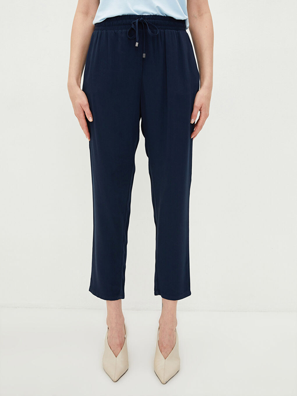 Elastic Waist Tie Detail Straight Viscose Women's Trousers