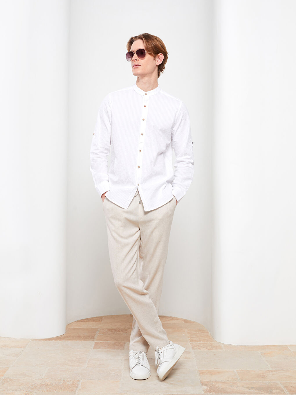 Slim Fit Grandad Collar Long Sleeve Men's Shirt S27854Z8KE8