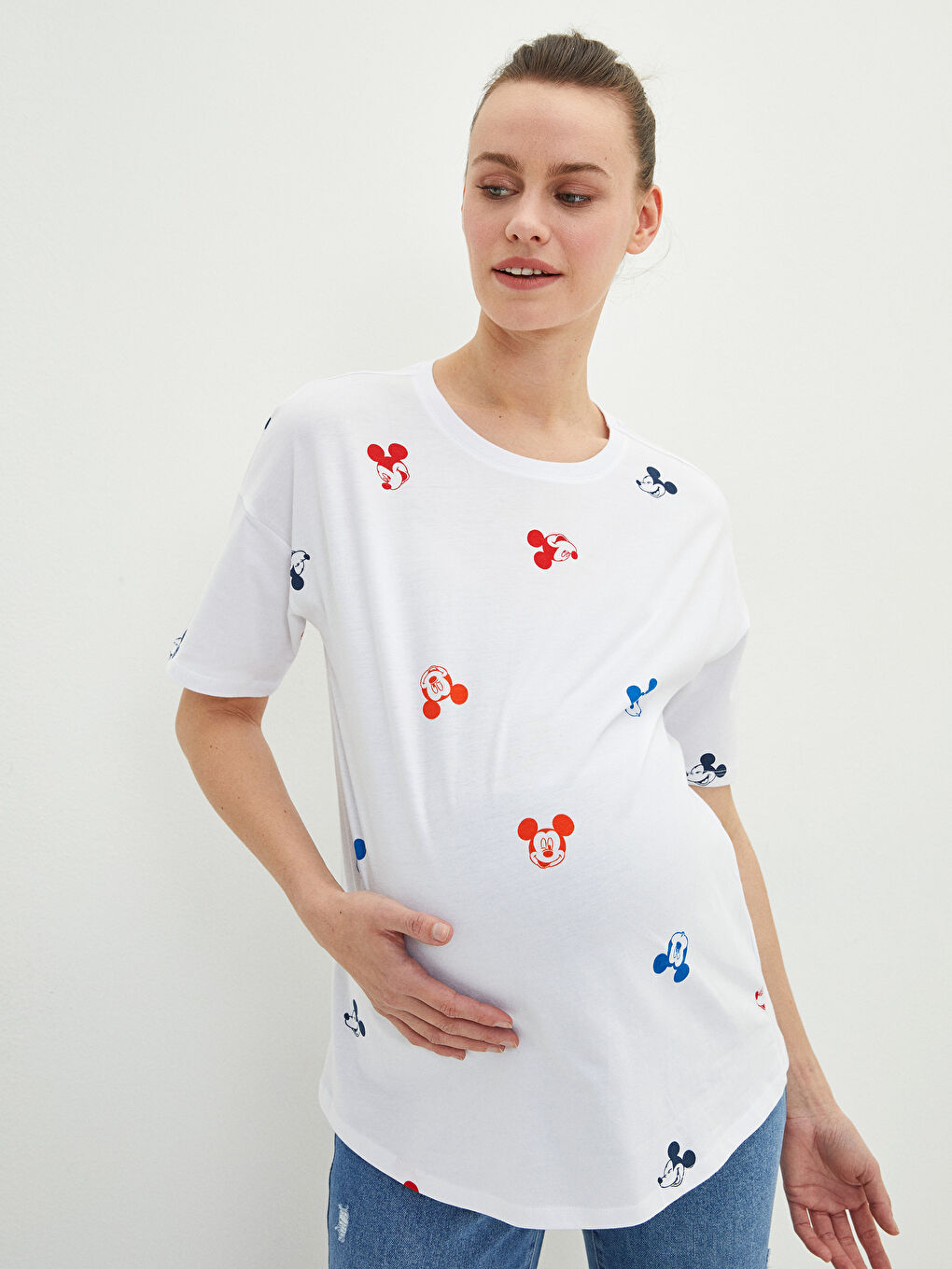 Crew Neck Mickey Mouse Printed Short Sleeve Cotton Maternity T Shirt