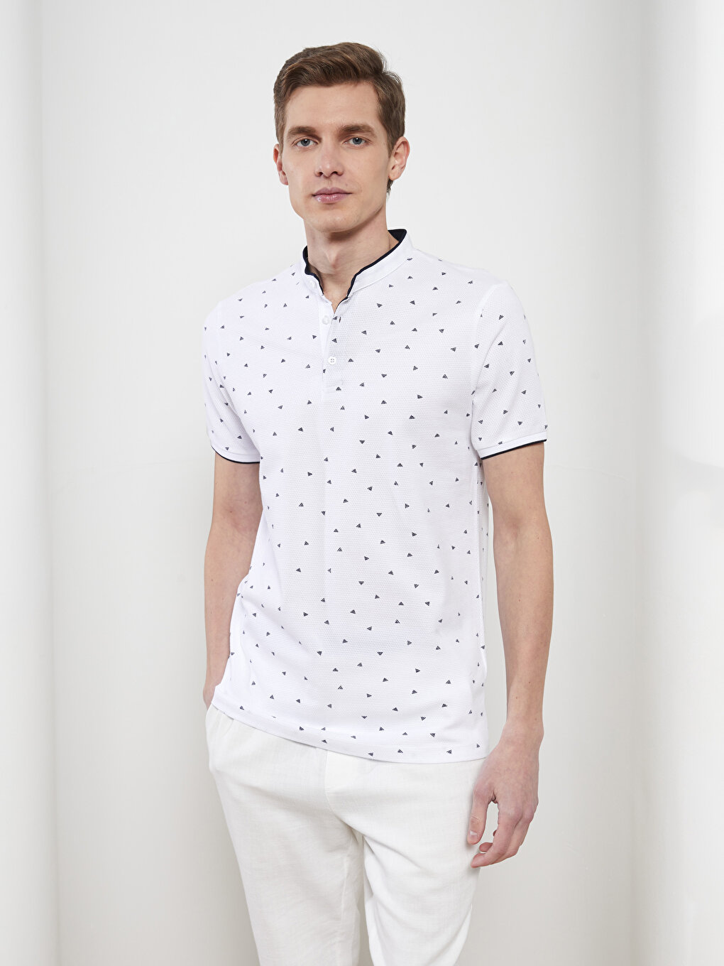 Grandad Collar Short Sleeve Patterned Piqué Men's T-Shirt -S2H833Z8-J5E ...