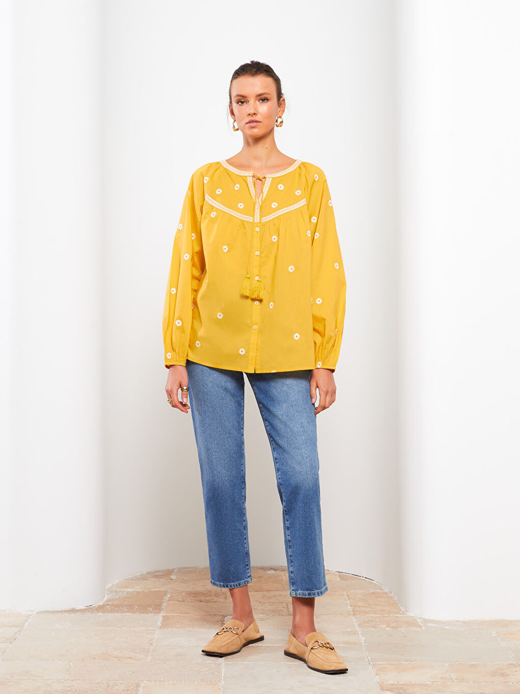 Tie Collar Embroidered Long Sleeve Cotton Women's Blouse