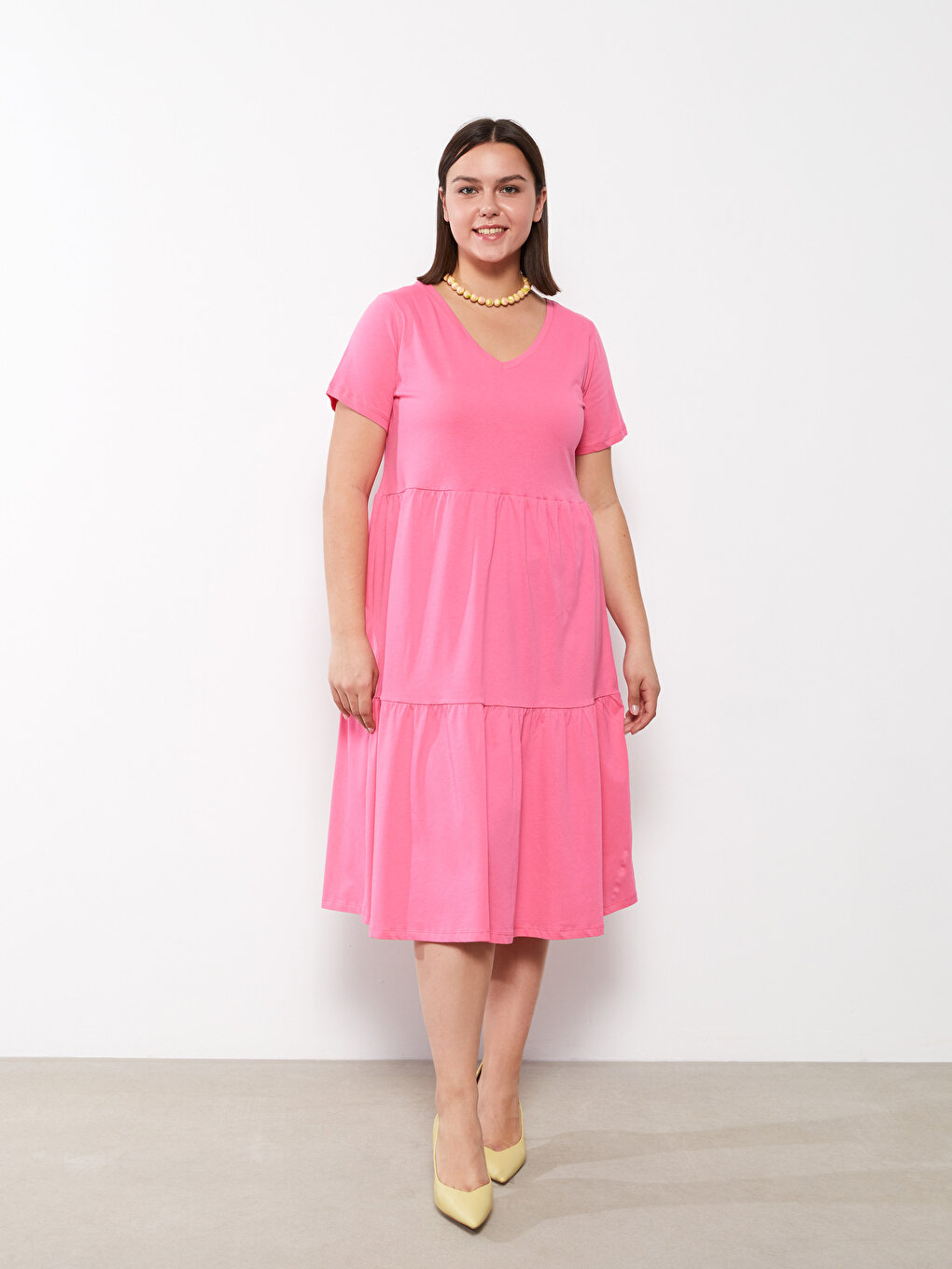 Plus Size V-Neck Straight Short Sleeve Cotton Women's Dress -S2IT49Z8-R0J -  S2IT49Z8-R0J - LC Waikiki