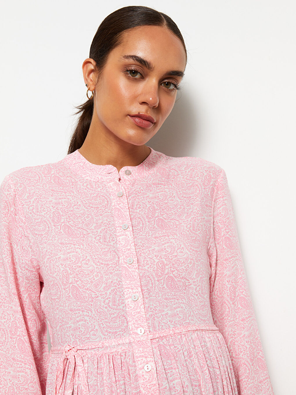 Grandad Collar Patterned Long Sleeve Viscose Maternity Dress S2J373Z8