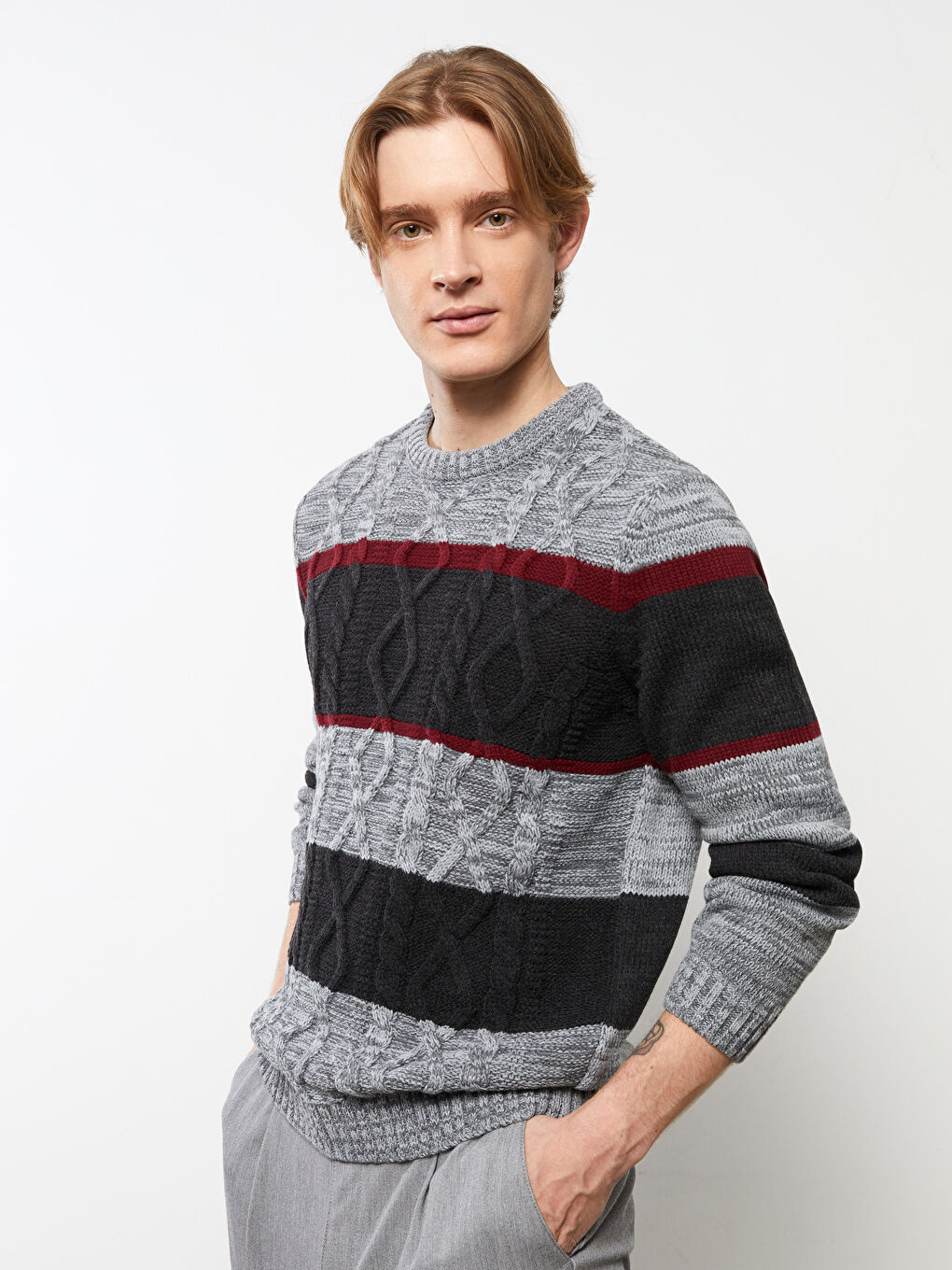 Crew Neck Long Sleeve Men's Tricot Sweater with Color Block -W20955Z8 ...