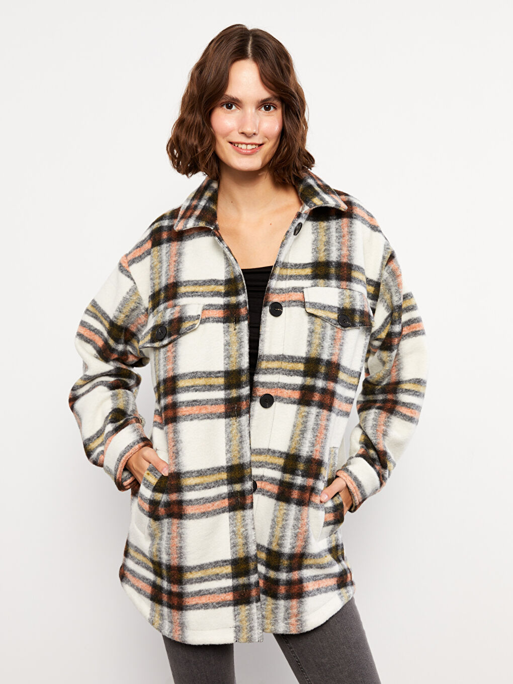 Plaid long sleeve coat hotsell