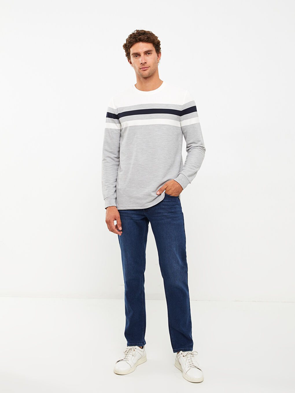 Crew Neck Long Sleeve Striped Men's Sweatshirt -W23660Z8-EHG