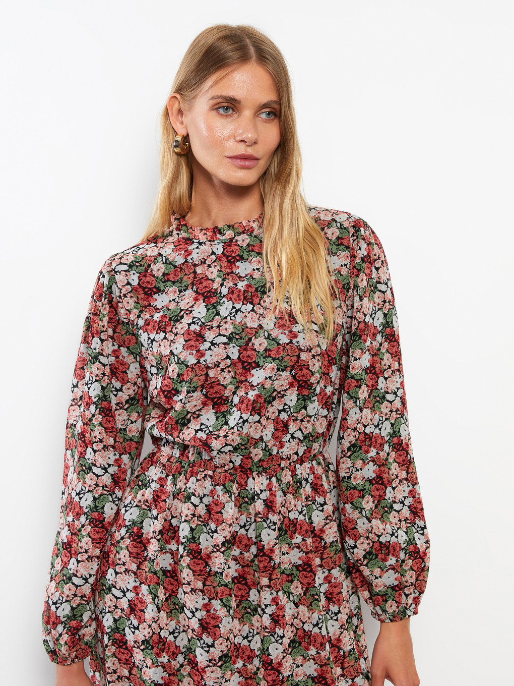 Patterned Ruffle Ruffle Turtle Neck Patterned Long Sleeve Chiffon Women's Dress ...