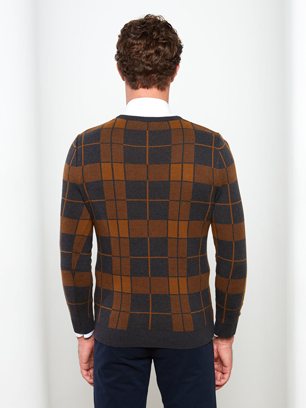 Crew Neck Long Sleeve Plaid Men s Tricot Sweater W26178Z8 CT3