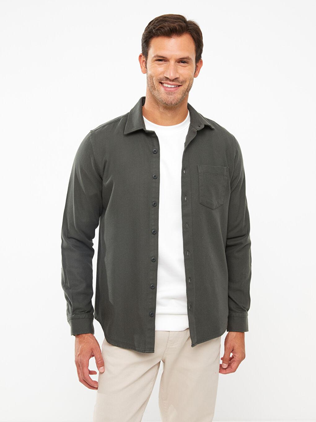 Regular Fit Long Sleeve Gabardine Men's Shirt Jacket W26383Z8S4A