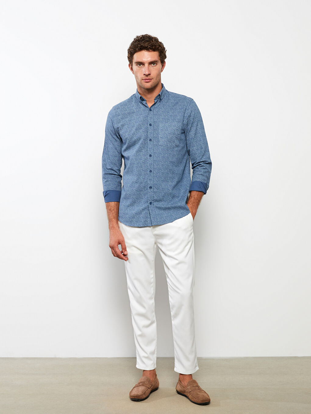 Slim Fit Long Sleeve Patterned Oxford Men's Shirt -W26887Z8 Slim Fit Long Sleeve Patterned Oxford Men's Shirt -W26887Z8