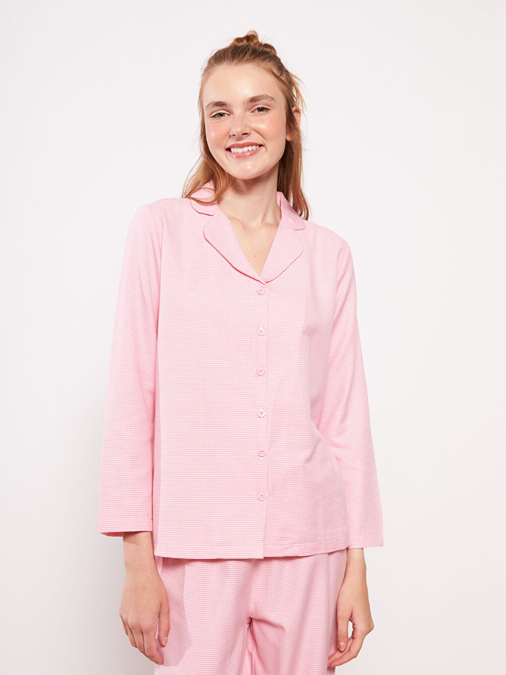 Shirt Neck Patterned Long Sleeve Poplin Women s Pajama Set