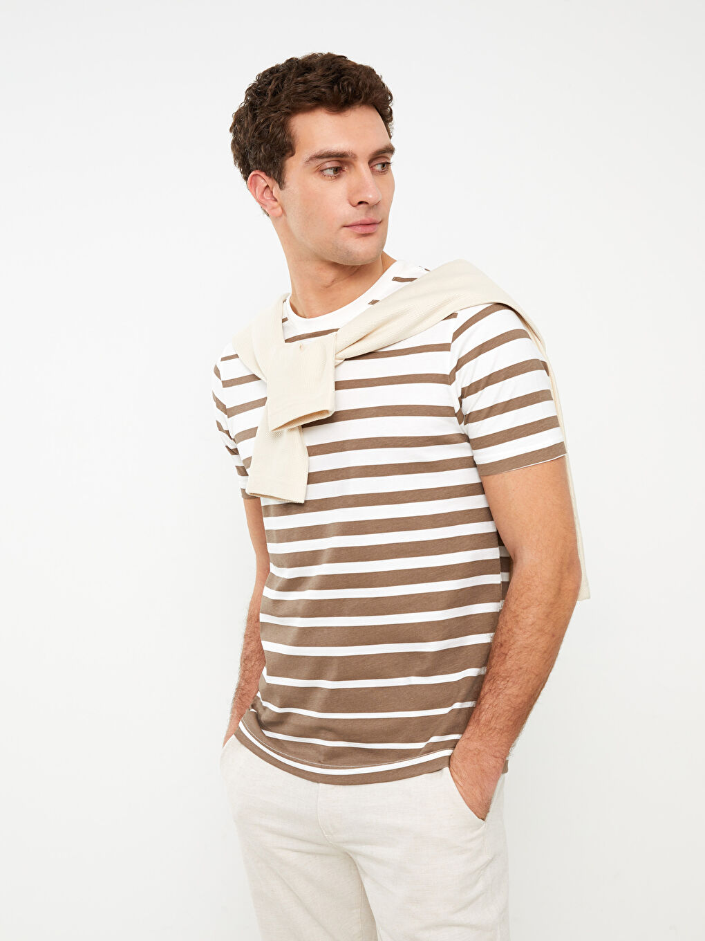 Crew Neck Short Sleeve Striped Combed Cotton Mens T Shirt S31286z8