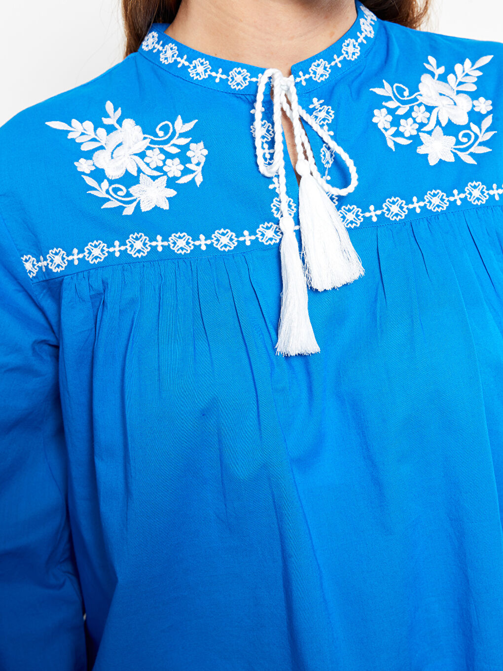 Tie Collar Embroidered Long Sleeve Women's Tunic -S31673Z8