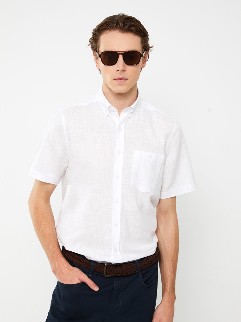 Regular Fit Short Sleeve Linen Blended Men's Shirt S37230Z8Q6K